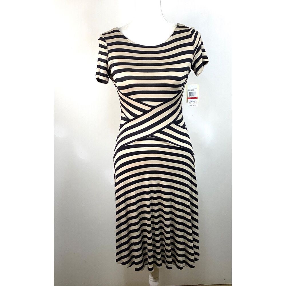 NWT Eci New York Black Tan striped Dress Size XS Stretch Rayon Spandex MSRP $60